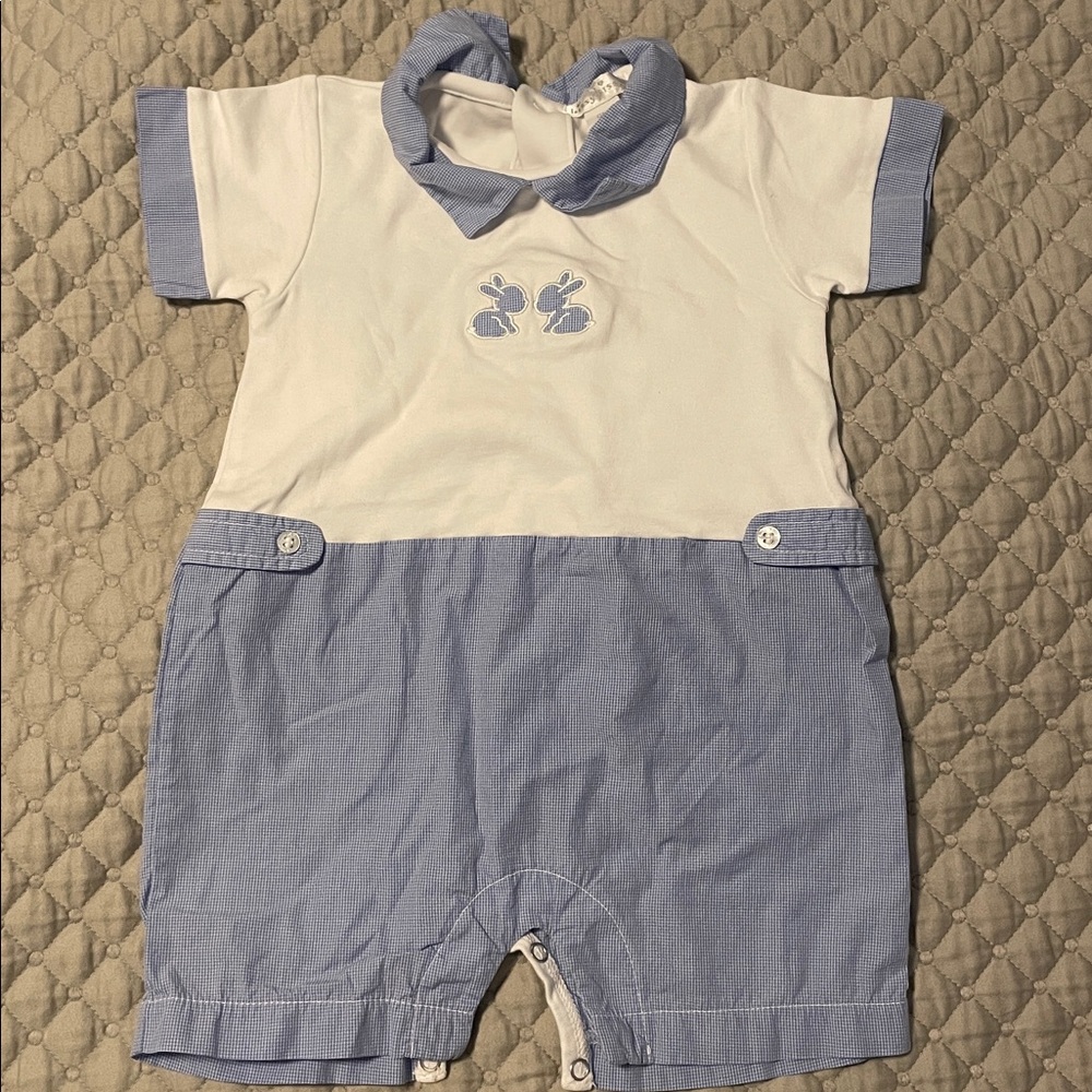 KISSY KISSY BABY BOYS BLUE CHECK EASTER BUNNY SHORT PLAYSUIT ROMPER 9 months